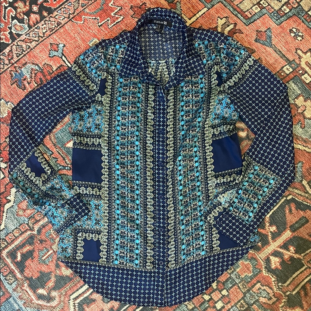 Forever21 Navy and Teal Patterned Shirt